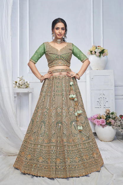 Royal Grandeur bridal  Green Mehendi Lehenga with Paisley and Peacock Motifs & Heavy Embroidery