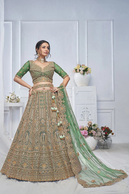 Royal Grandeur bridal  Green Mehendi Lehenga with Paisley and Peacock Motifs & Heavy Embroidery