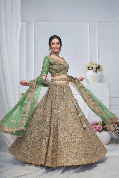 Royal Grandeur bridal  Green Mehendi Lehenga with Paisley and Peacock Motifs & Heavy Embroidery