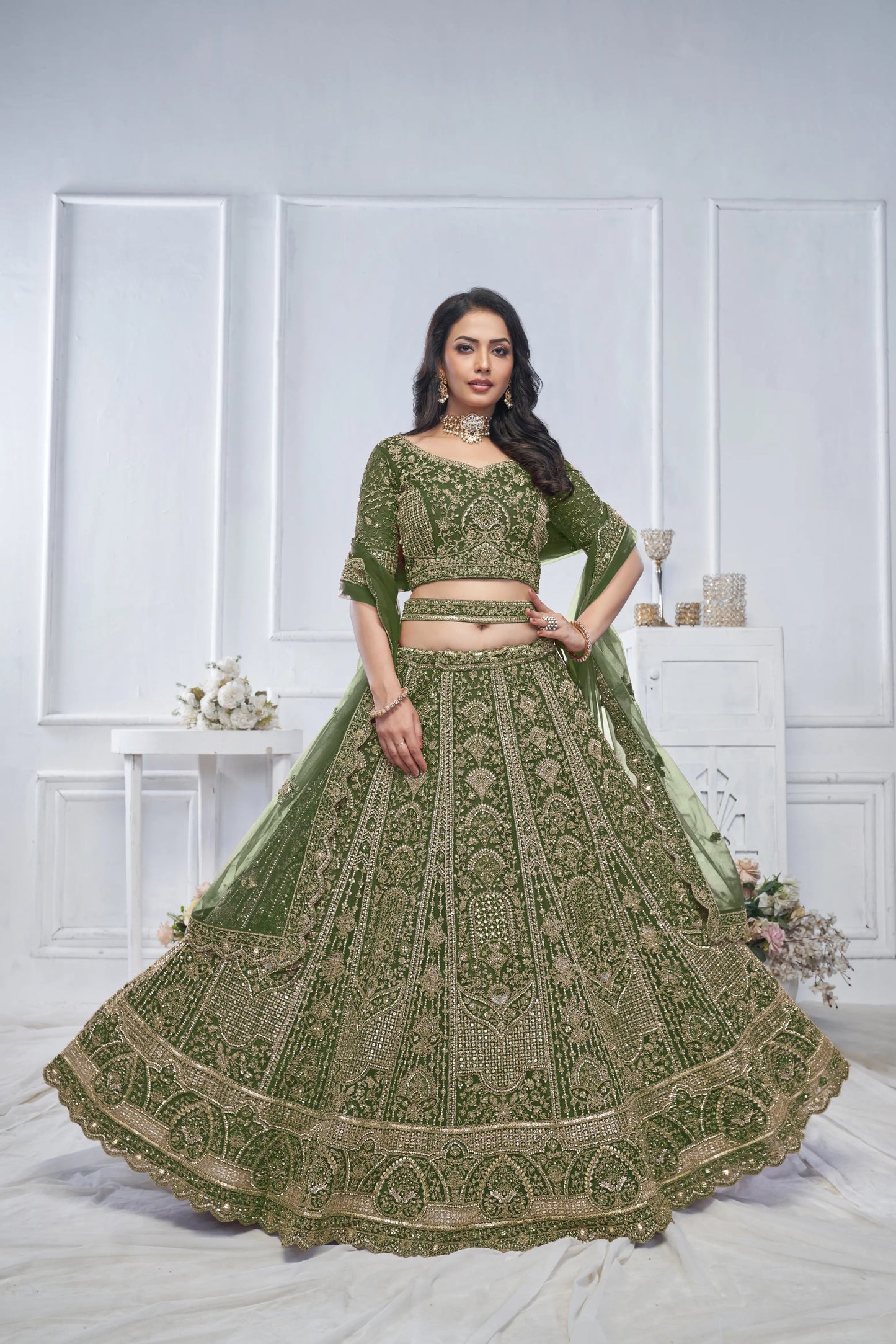 Peacock Green Embroidered Bridal lehenga