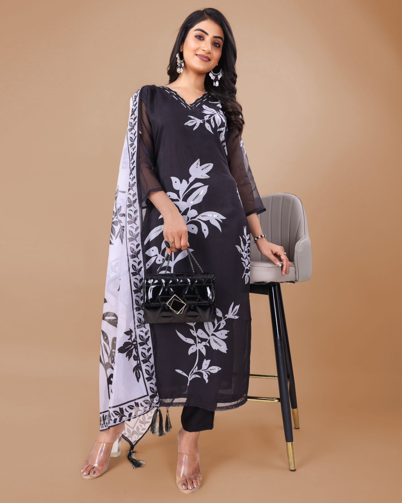 Black kurta pant with white peaceful dupatta