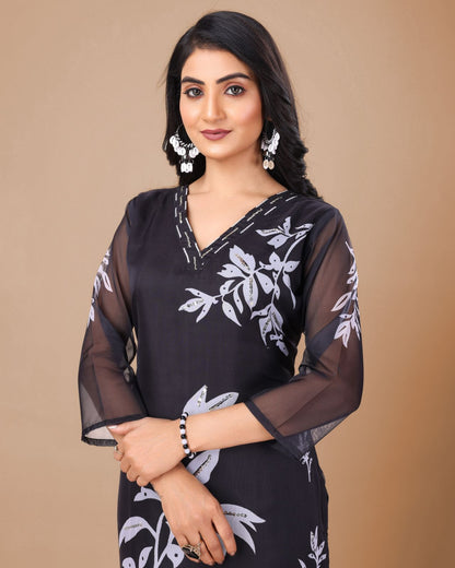 Black kurta pant with white peaceful dupatta