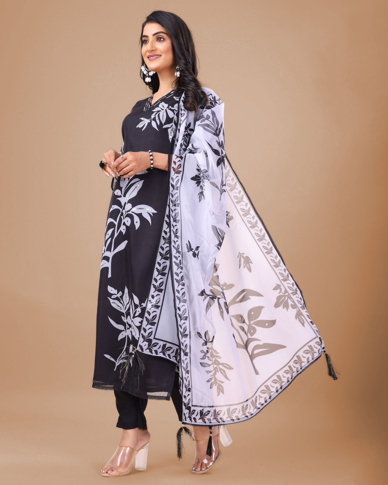 Black kurta pant with white peaceful dupatta