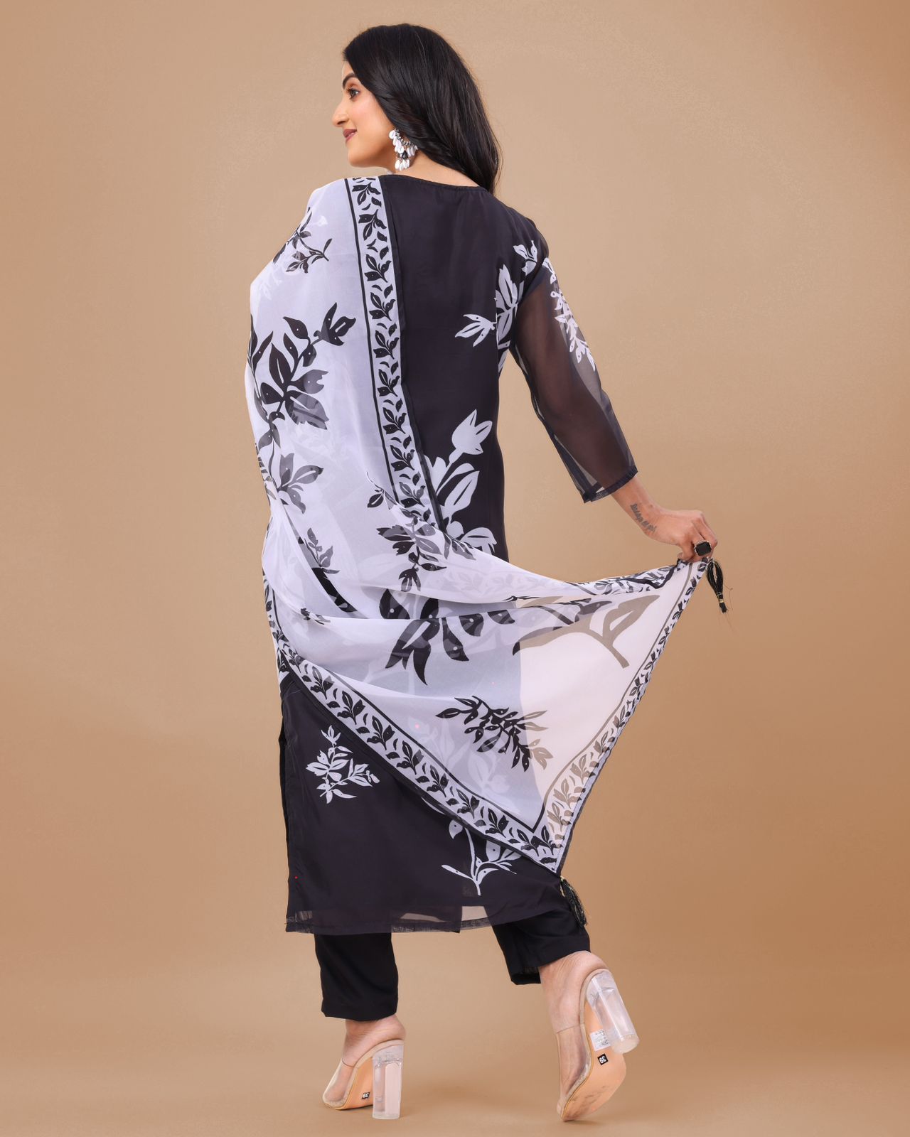 Black kurta pant with white peaceful dupatta