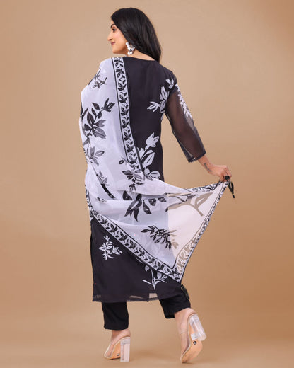 Black kurta pant with white peaceful dupatta