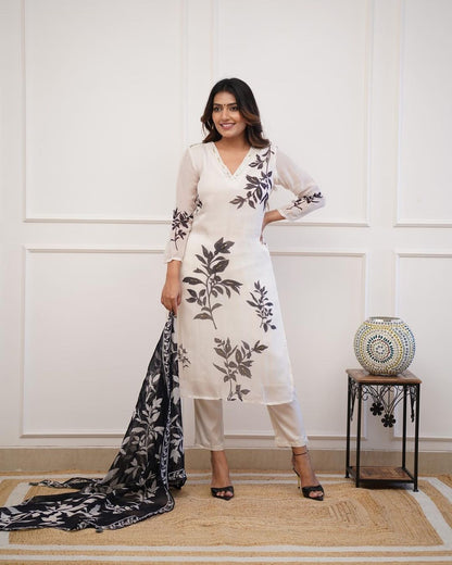 White kurta pant with black flower print dupatta