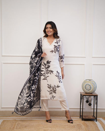 White kurta pant with black flower print dupatta