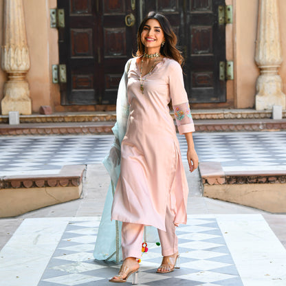 Beautiful kurta payjama & light blue dupatta with pompoms