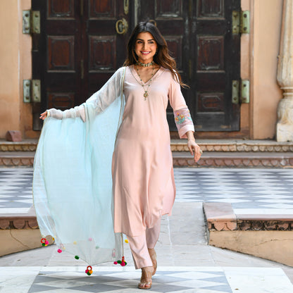 Beautiful kurta payjama & light blue dupatta with pompoms