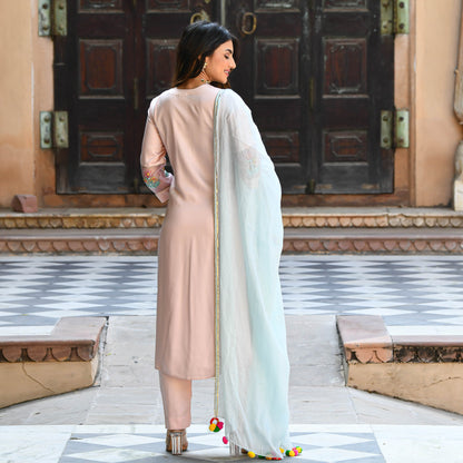 Beautiful kurta payjama & light blue dupatta with pompoms