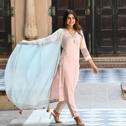 Beautiful kurta payjama & light blue dupatta with pompoms