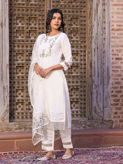 Classy white kurta payjama with flower embroidery