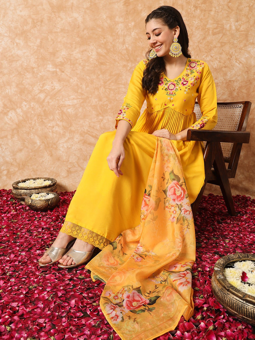 Yellow Embroidered Anarkali Kurta Set with Dupatta