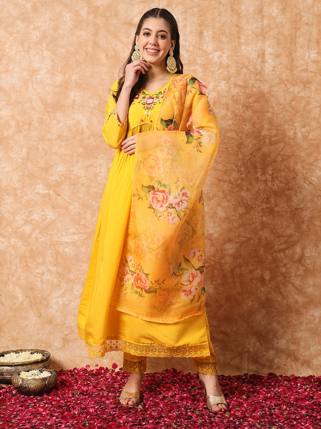 Yellow Embroidered Anarkali Kurta Set with Dupatta