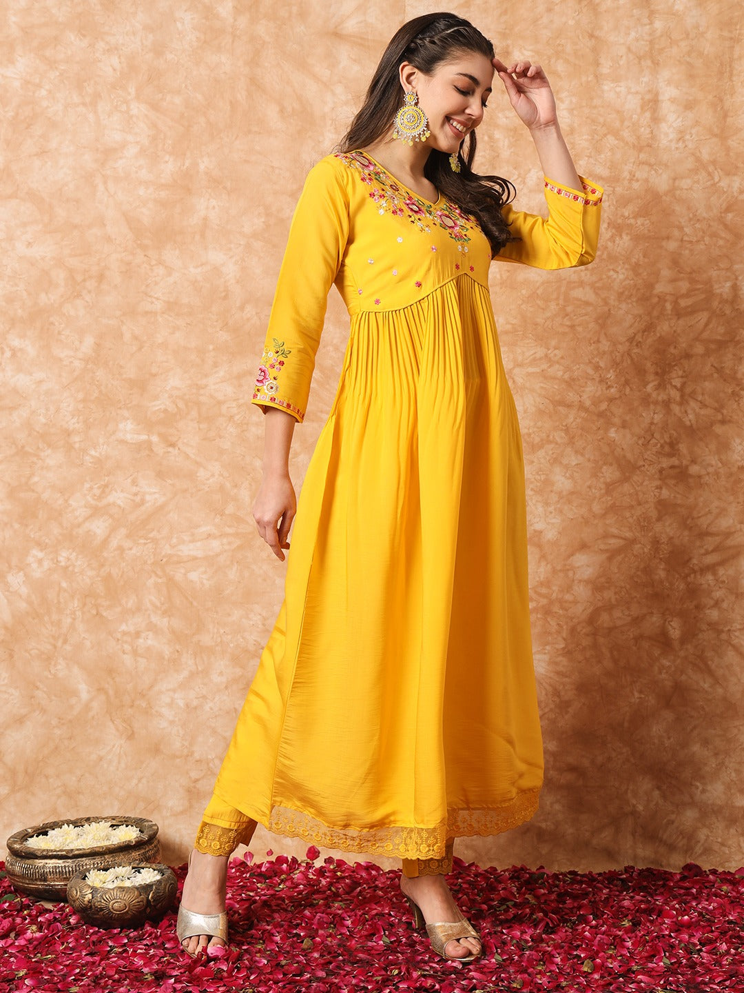 Yellow Embroidered Anarkali Kurta Set with Dupatta