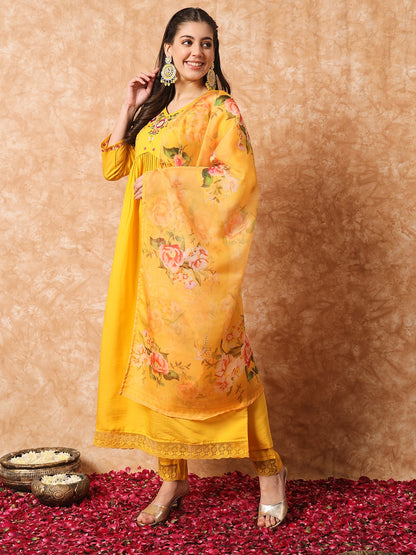 Yellow Embroidered Anarkali Kurta Set with Dupatta