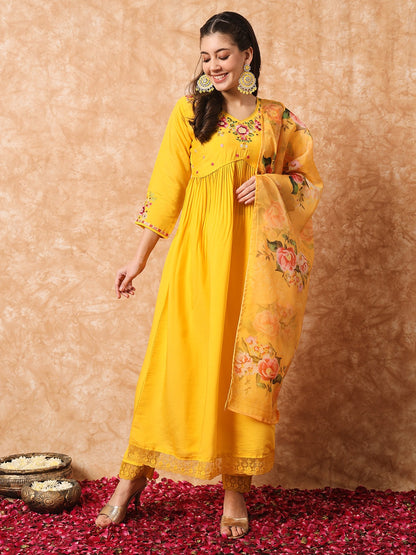 Yellow Embroidered Anarkali Kurta Set with Dupatta