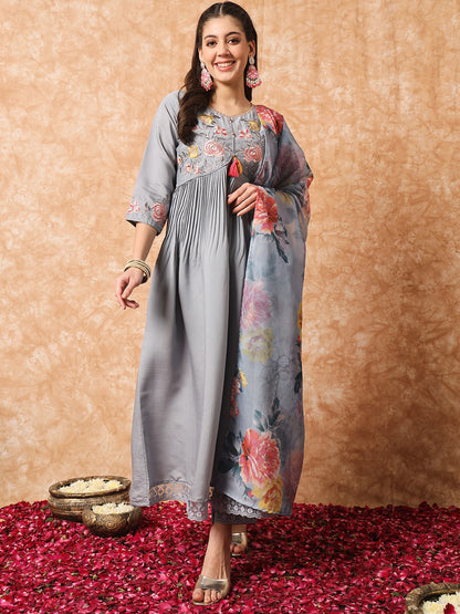 Grey Embroidered Anarkali Kurta Set with Dupatta