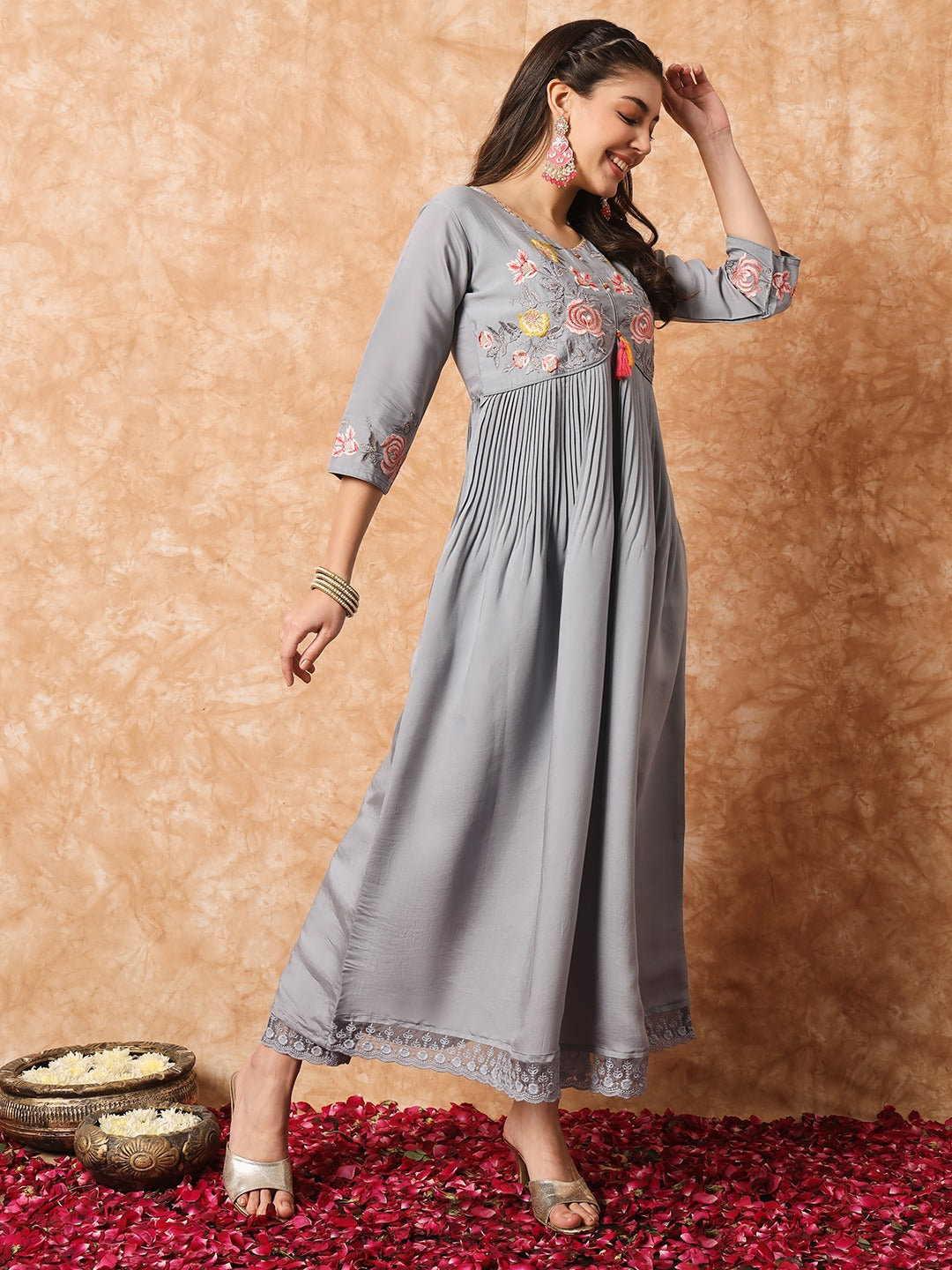 Grey Embroidered Anarkali Kurta Set with Dupatta