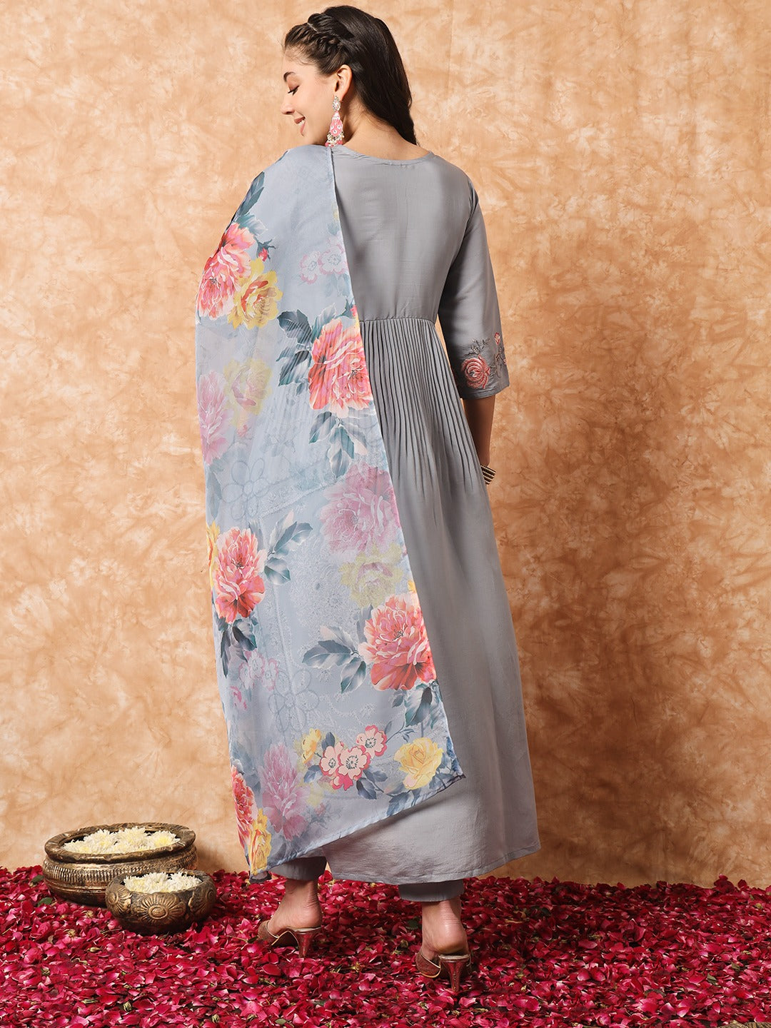 Grey Embroidered Anarkali Kurta Set with Dupatta