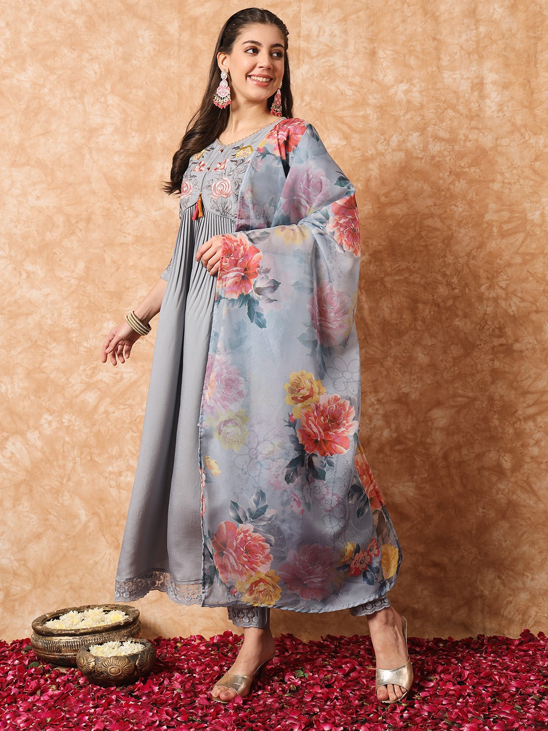 Grey Embroidered Anarkali Kurta Set with Dupatta