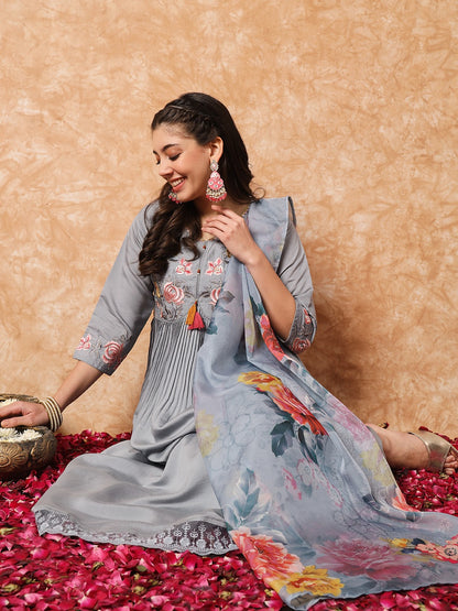 Grey Embroidered Anarkali Kurta Set with Dupatta