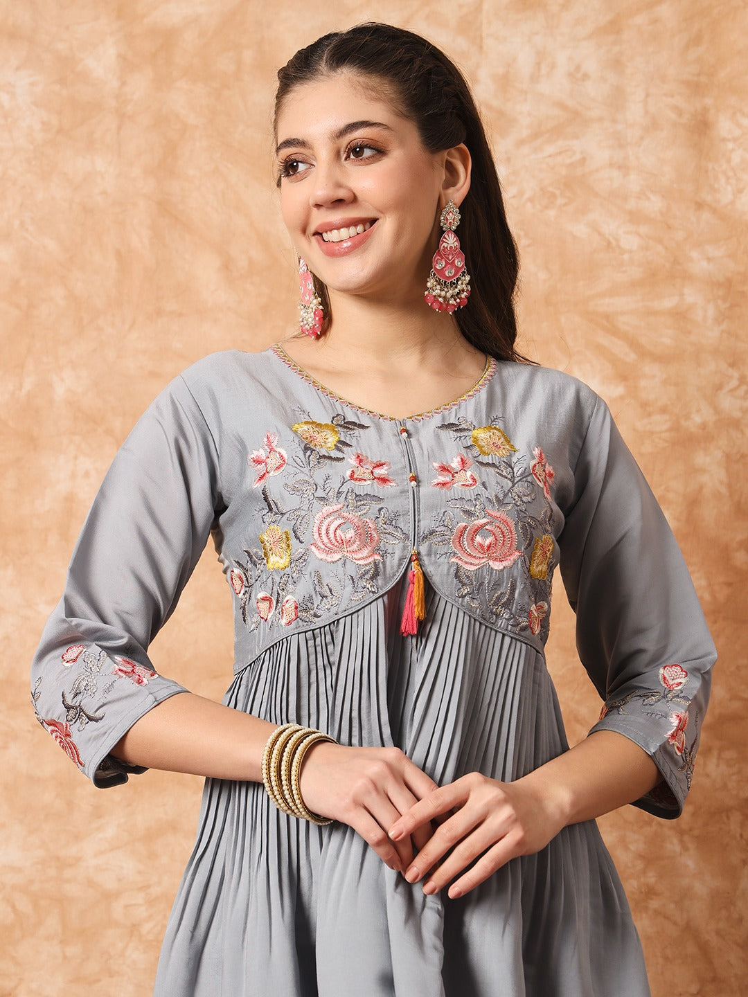 Grey Embroidered Anarkali Kurta Set with Dupatta