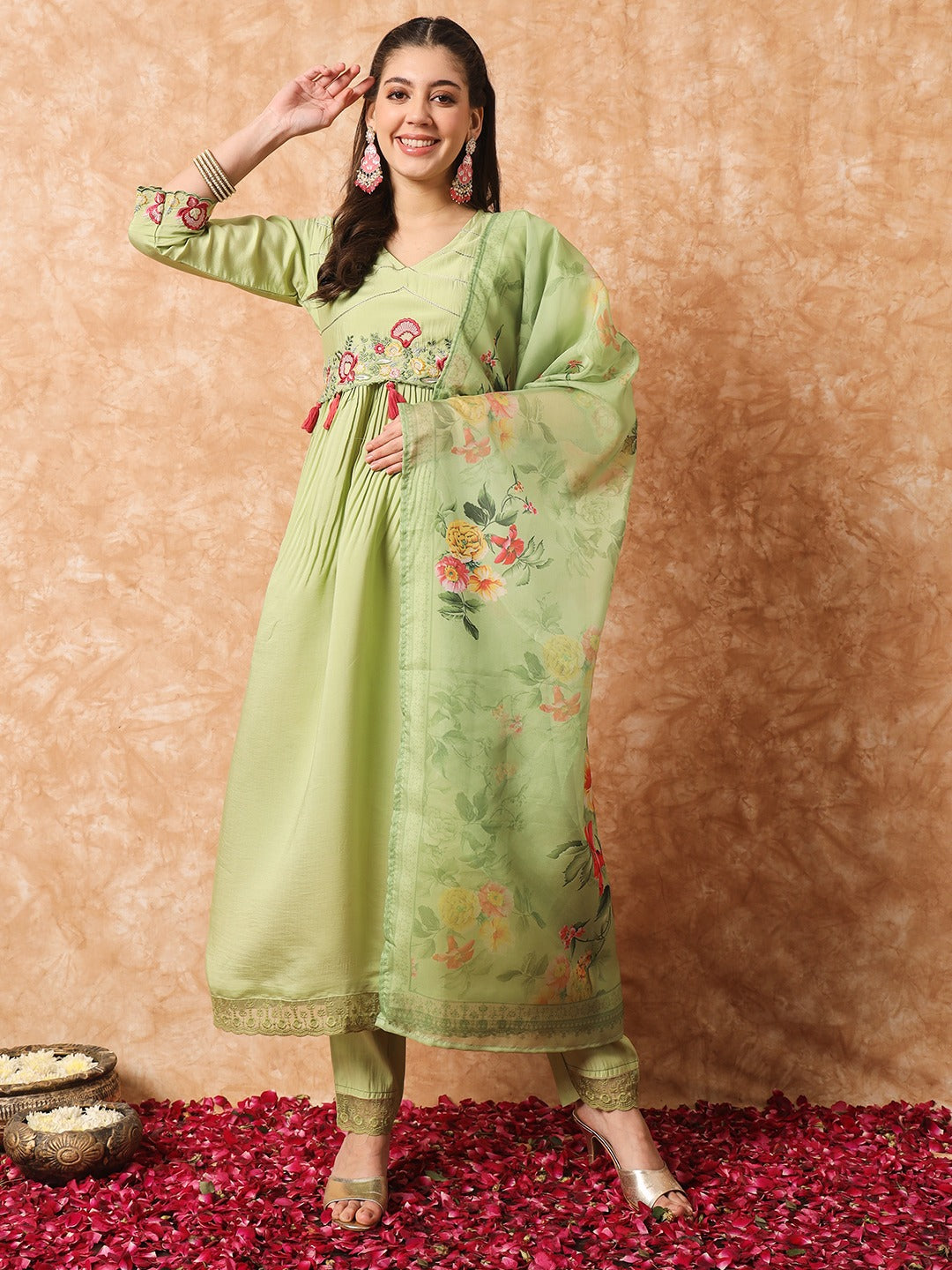 Light Green Embroidered Anarkali Kurta Set with Dupatta