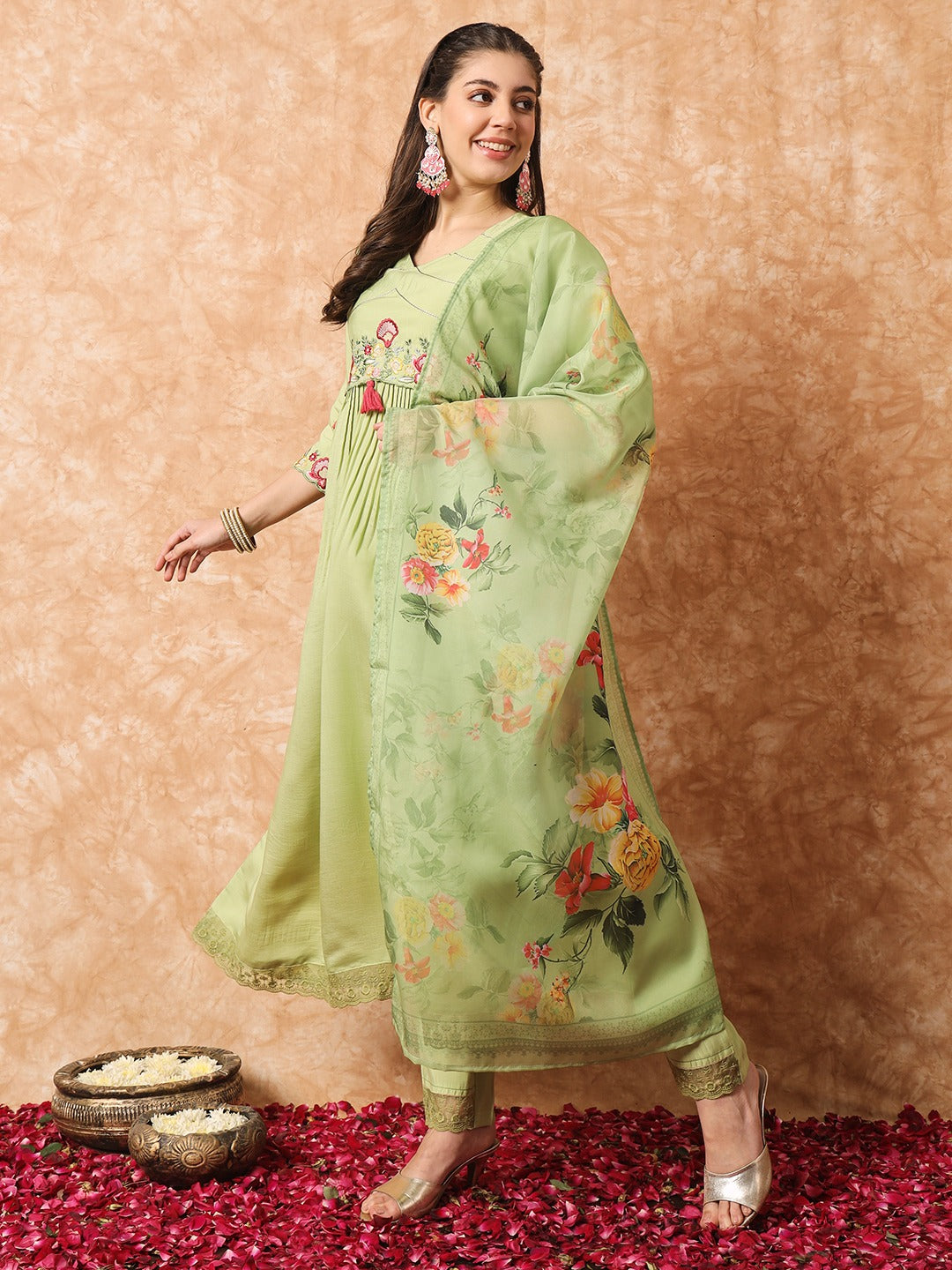 Light Green Embroidered Anarkali Kurta Set with Dupatta