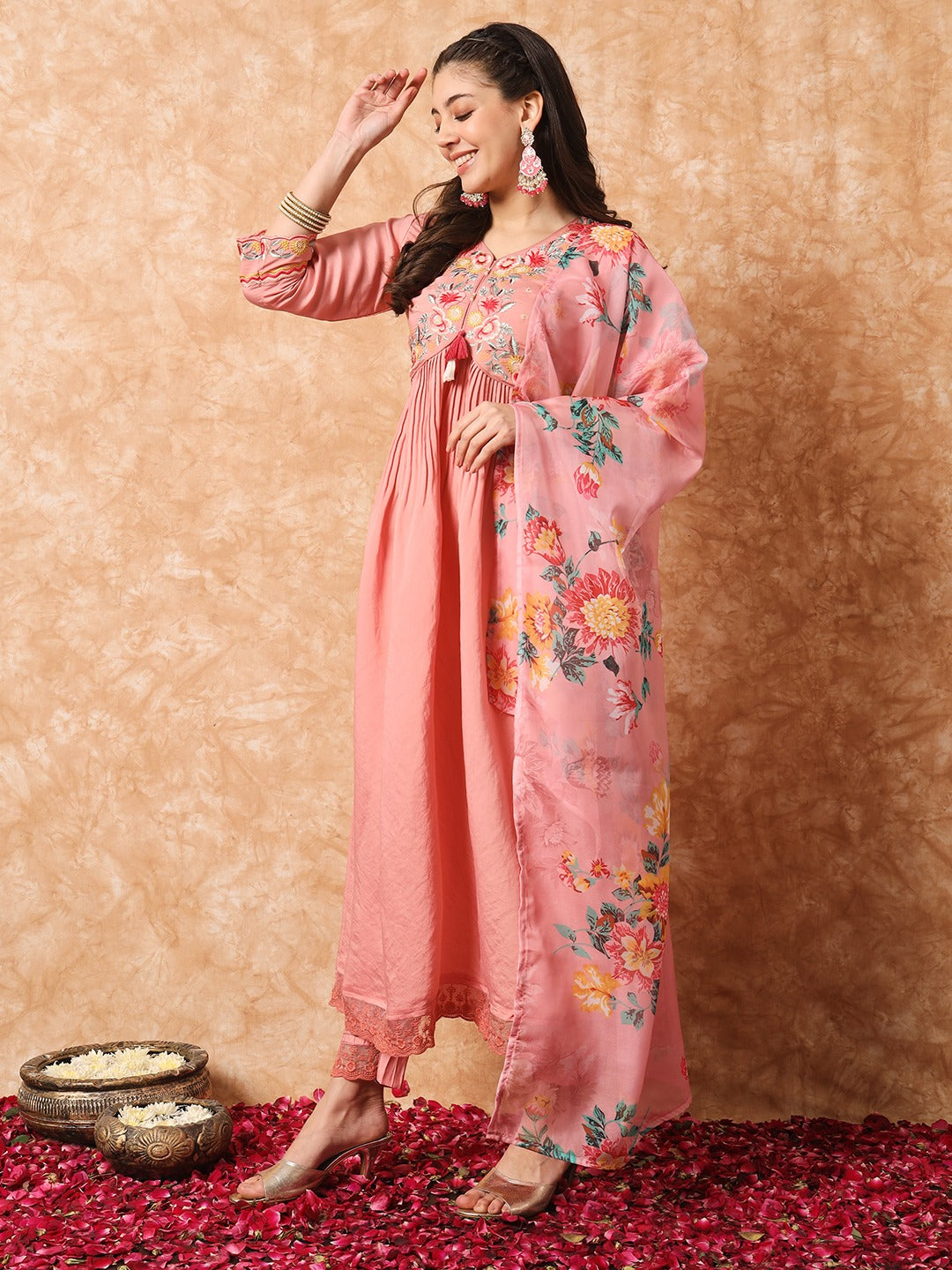 Pink Embroidered Anarkali Kurta Set with Dupatta