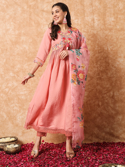 Pink Embroidered Anarkali Kurta Set with Dupatta