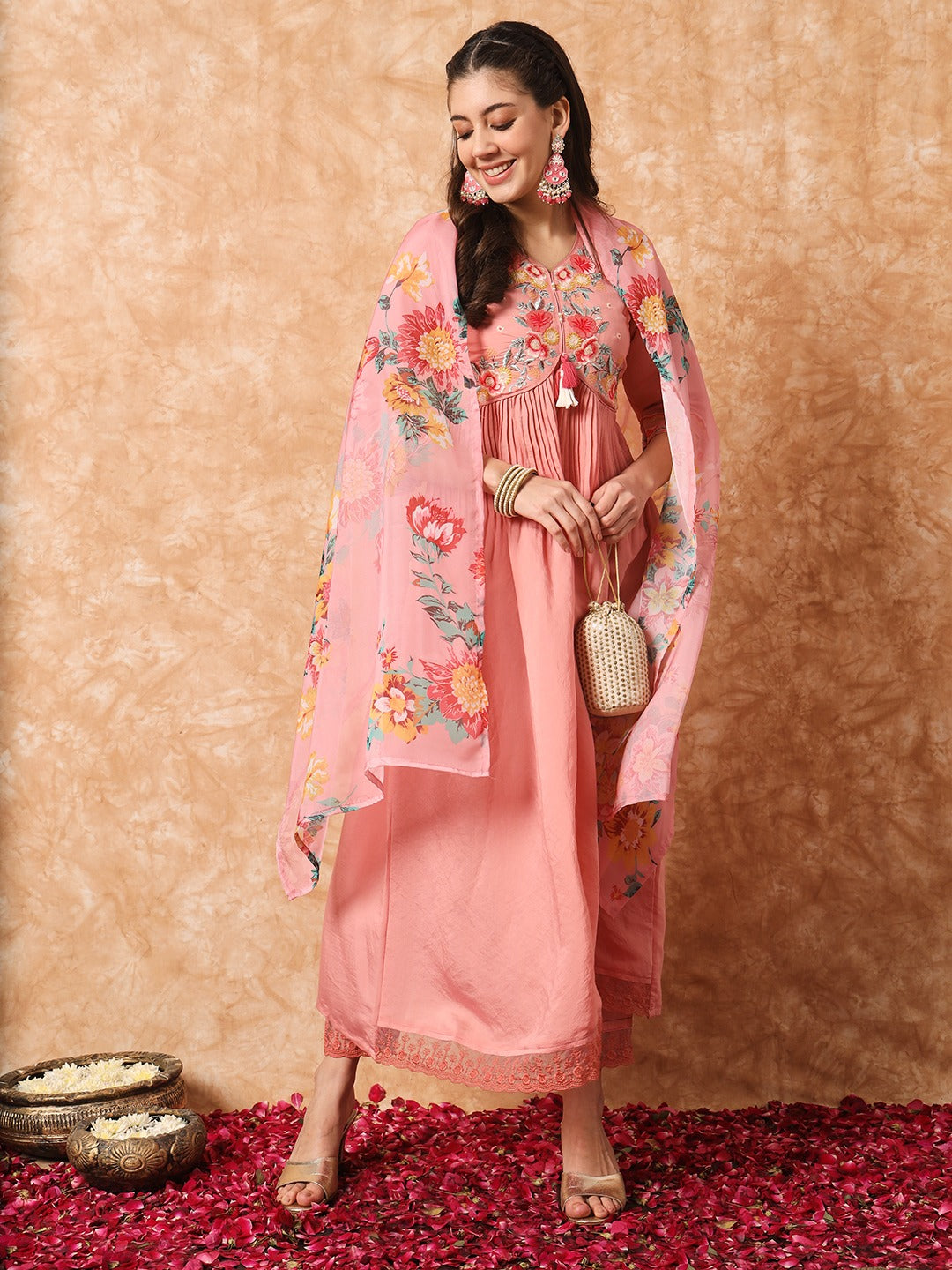 Pink Embroidered Anarkali Kurta Set with Dupatta