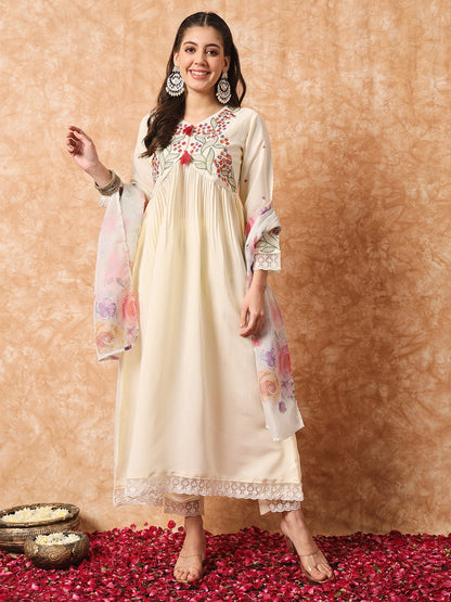 Cream Embroidered Anarkali Kurta Set with Dupatta