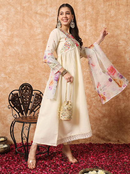 Cream Embroidered Anarkali Kurta Set with Dupatta