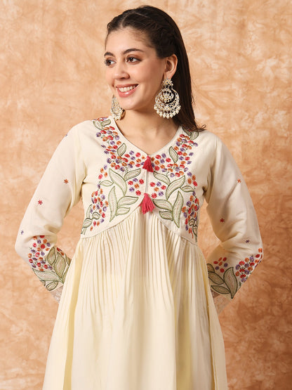 Cream Embroidered Anarkali Kurta Set with Dupatta