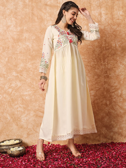 Cream Embroidered Anarkali Kurta Set with Dupatta