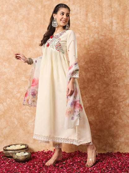 Cream Embroidered Anarkali Kurta Set with Dupatta