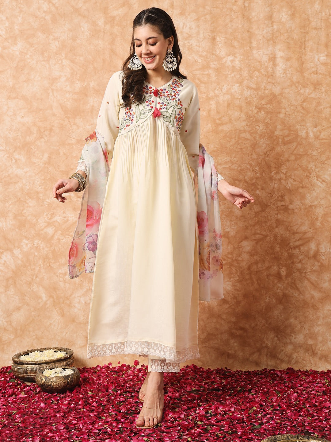 Cream Embroidered Anarkali Kurta Set with Dupatta