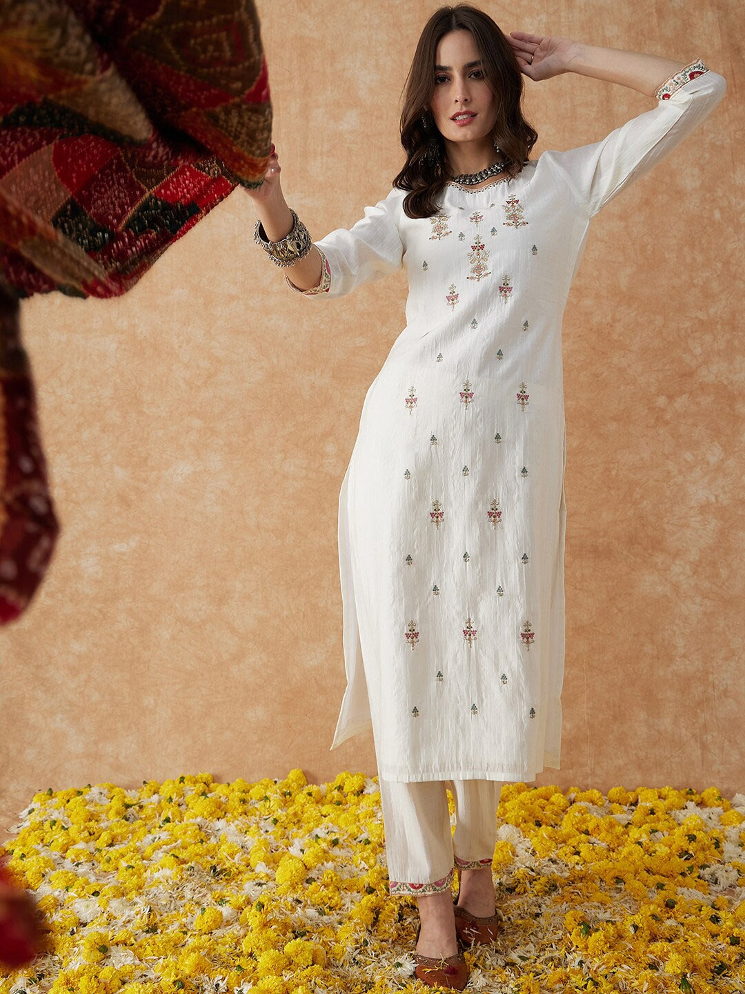 White Embroidery Kurti & Pant with Bandhnii Dupatta