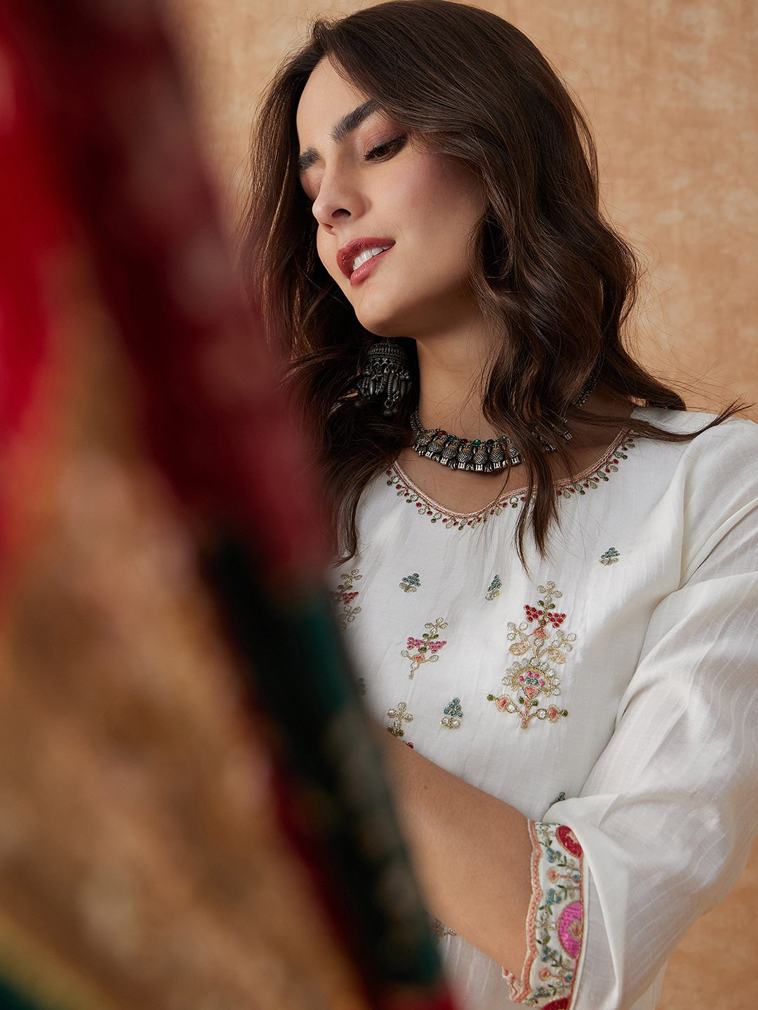 White Embroidery Kurti & Pant with Bandhnii Dupatta