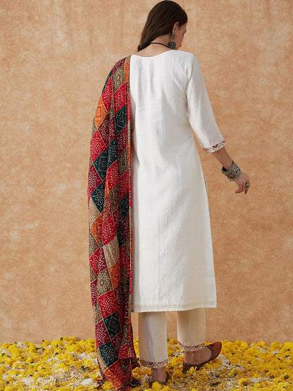 White Embroidery Kurti & Pant with Bandhnii Dupatta