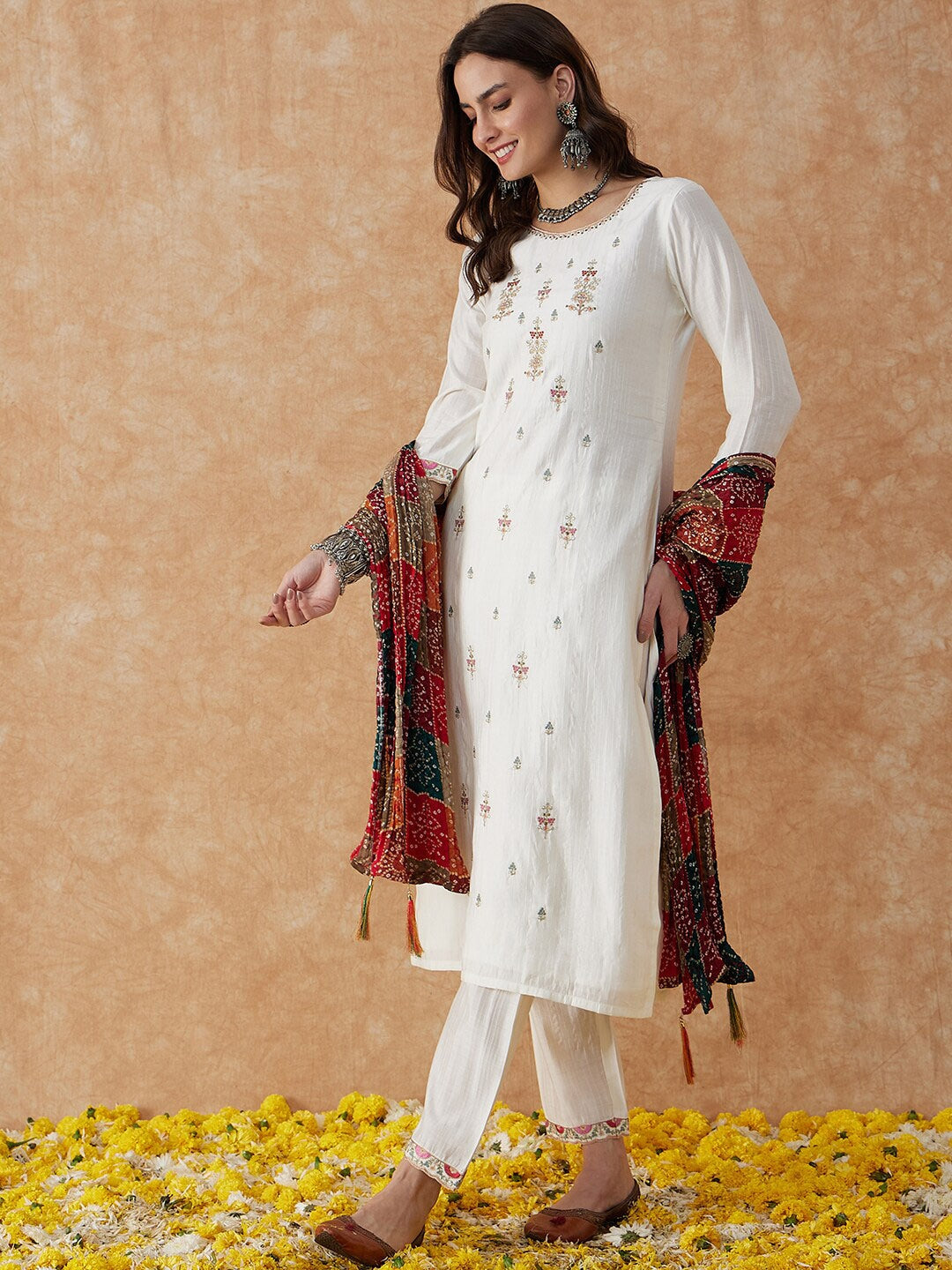 White Embroidery Kurti & Pant with Bandhnii Dupatta