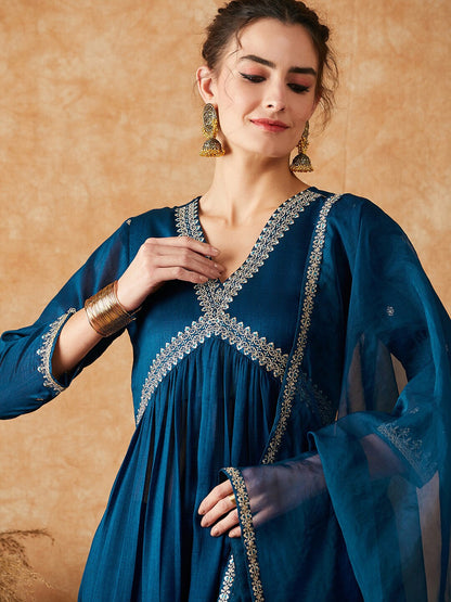 Women Embroidered A-Line Teal Blue Kurta Set with Dupatta