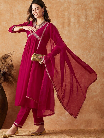 Women Embroidered A-Line Dark Pink Kurta Set with Dupatta