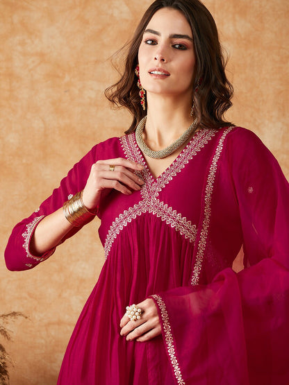 Women Embroidered A-Line Dark Pink Kurta Set with Dupatta