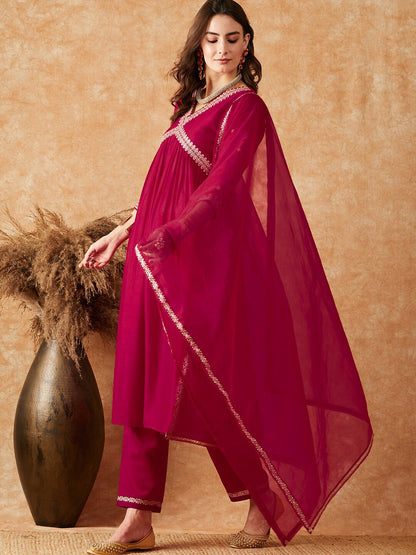 Women Embroidered A-Line Dark Pink Kurta Set with Dupatta