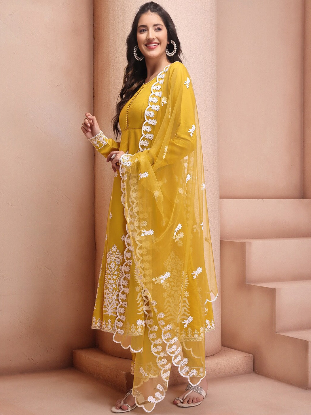 Yellow White Embroidery Suit Set With Matching Dupatta