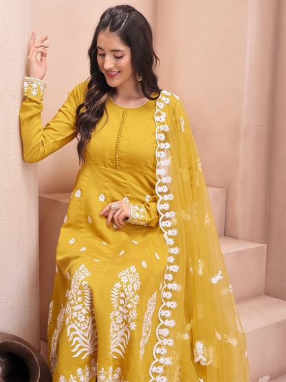 Yellow White Embroidery Suit Set With Matching Dupatta