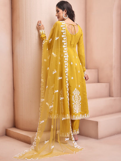 Yellow White Embroidery Suit Set With Matching Dupatta