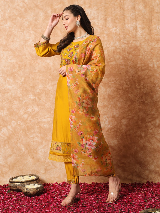 Mustard Yellow Kurti Pant With Flower Print Dupatta